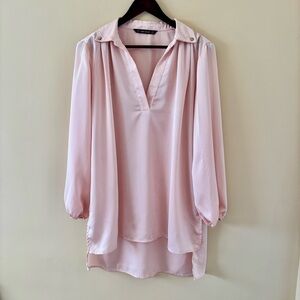 Zara| Feminine Oversized Satin Pale Pink V-Neck Tunic Blouse Sz XS